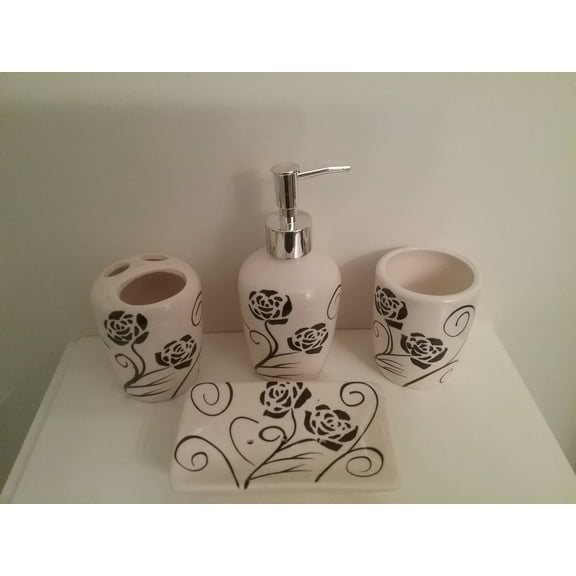 Heavenly Designs Watson Bathroom Accessories - Black Flower Ceramic Bathroom Set