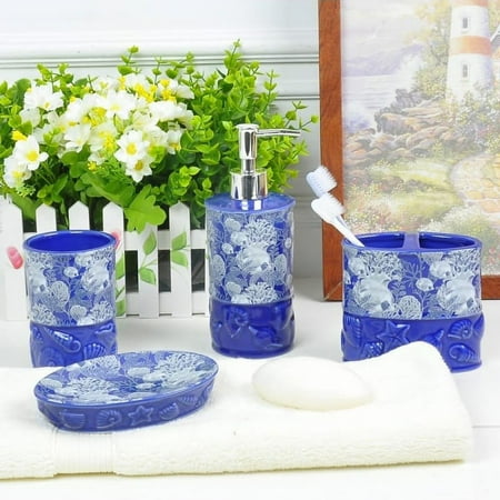 Heavenly Designs Watson Bathroom Accessories - Blue Ceramic Bathroom Accessory Set - Any Age
