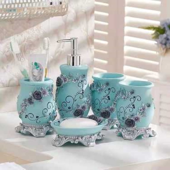 Heavenly Designs Watson Bathroom Accessories - Blue with Violet Roses Resin Four Piece Set - Adult - Product Height 7.2