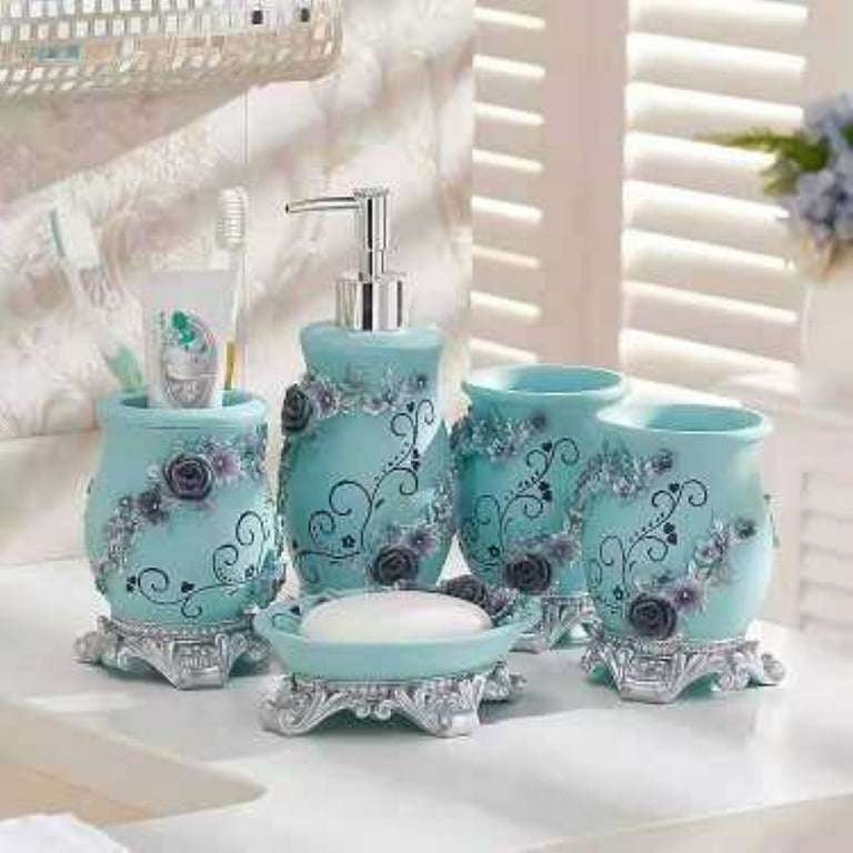 Heavenly Designs Watson Bathroom Accessories - Blue with Violet Roses Resin  Four Piece Set - Adult - Product Height 7.2 