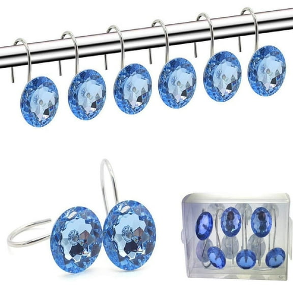 Heavenly Designs Watson Bathroom Accessories - Twelve Blue Acrylic Rhinestones Shower Curtain Hooks
