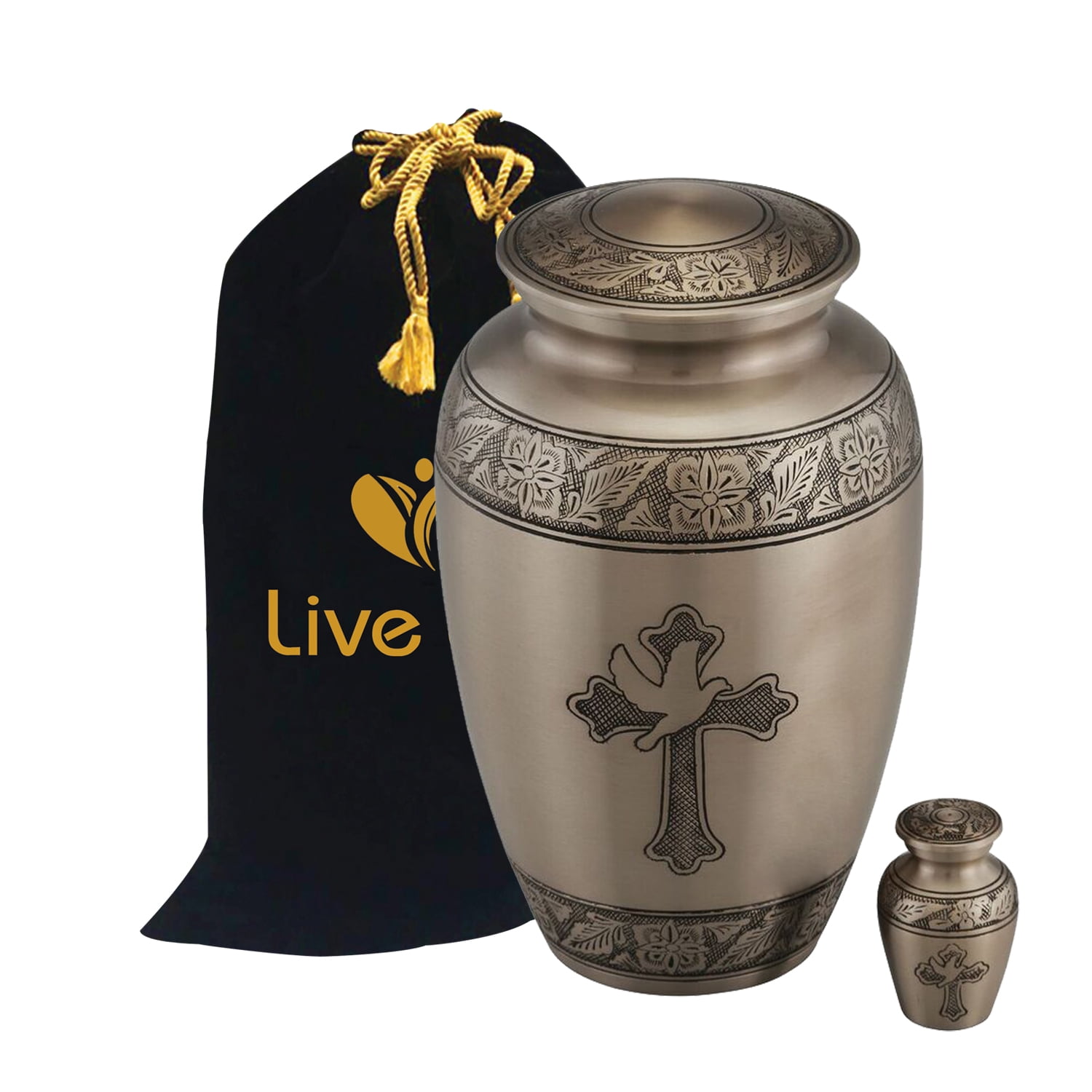 Heavenly Dove and Cross Cremation Urn - Adult Funeral Urn - Solid Brass Funeral Urn - Handcrafted Adult Funeral Urn for Ashes -Affordable Urn Deal with Free Keepsake (Pewter)