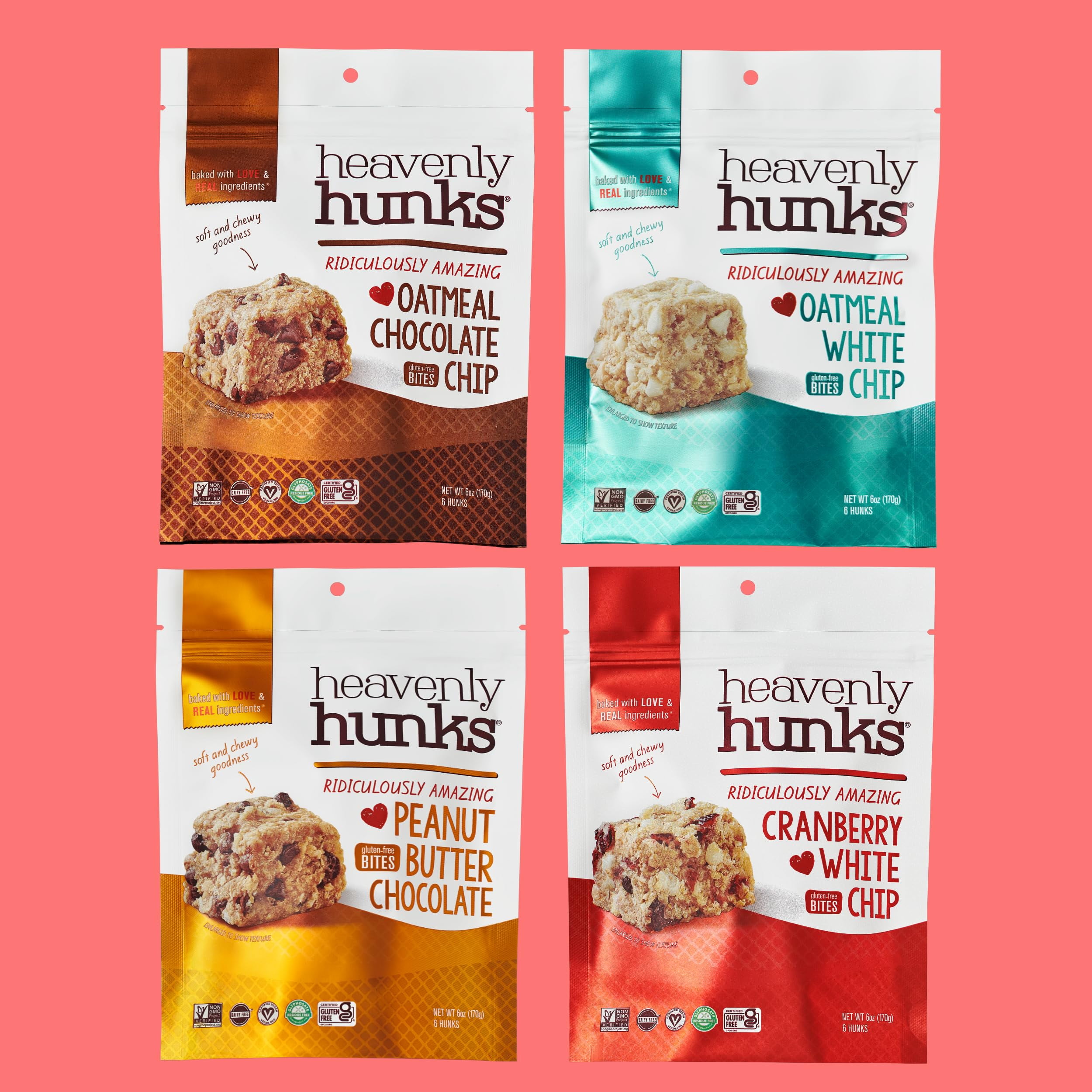 Heavenly Hunks Variety Gift Box 4 Pack, Oatmeal Chocolate Chip, Peanut Butter Chocolate