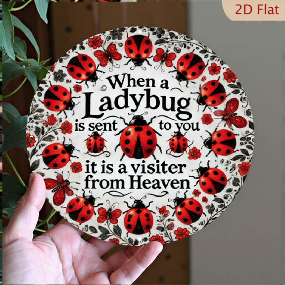 Heavenly Ladybug Inspirational Sign, 8" Round Aluminum Wall Art Sign, Metal Signs, Wall Decor For Kitchen, Door, Office, Bedroom Decor, Best Gifts For Home, Bathroom Decor, Weird Decor, 2D Flat