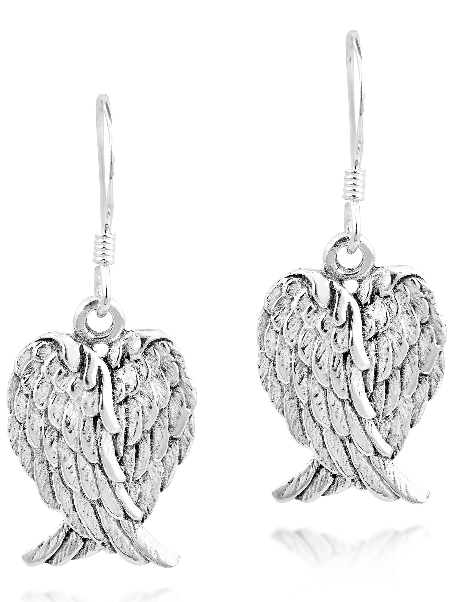 Heavenly Love Heart Shaped Angel Wings .925 Sterling Silver Dangle Earrings