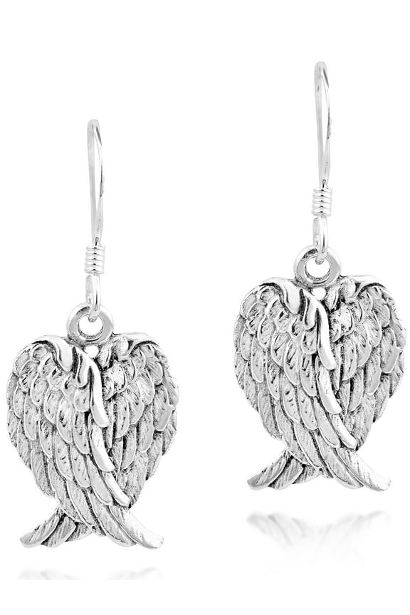 Heavenly Love Heart Shaped Angel Wings .925 Sterling Silver Dangle Earrings