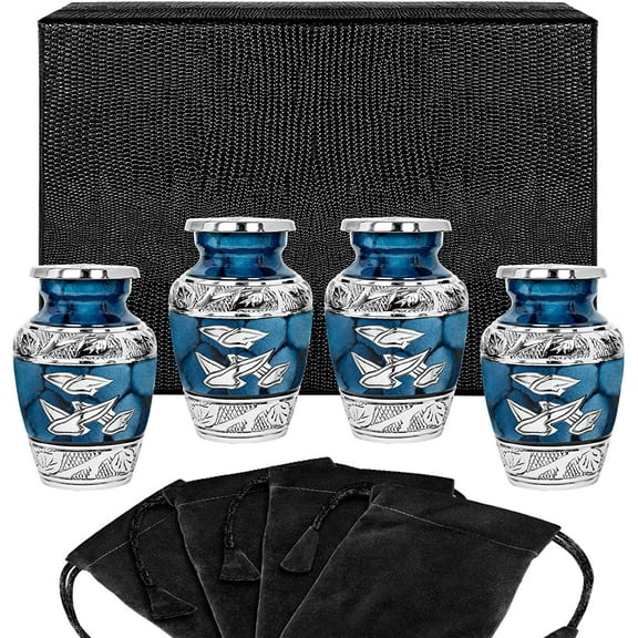 Heavenly Peace Dark Blue Wings Small Keepsake Aluminum Cremation Urns - Set of 4 - with Velvet Bags