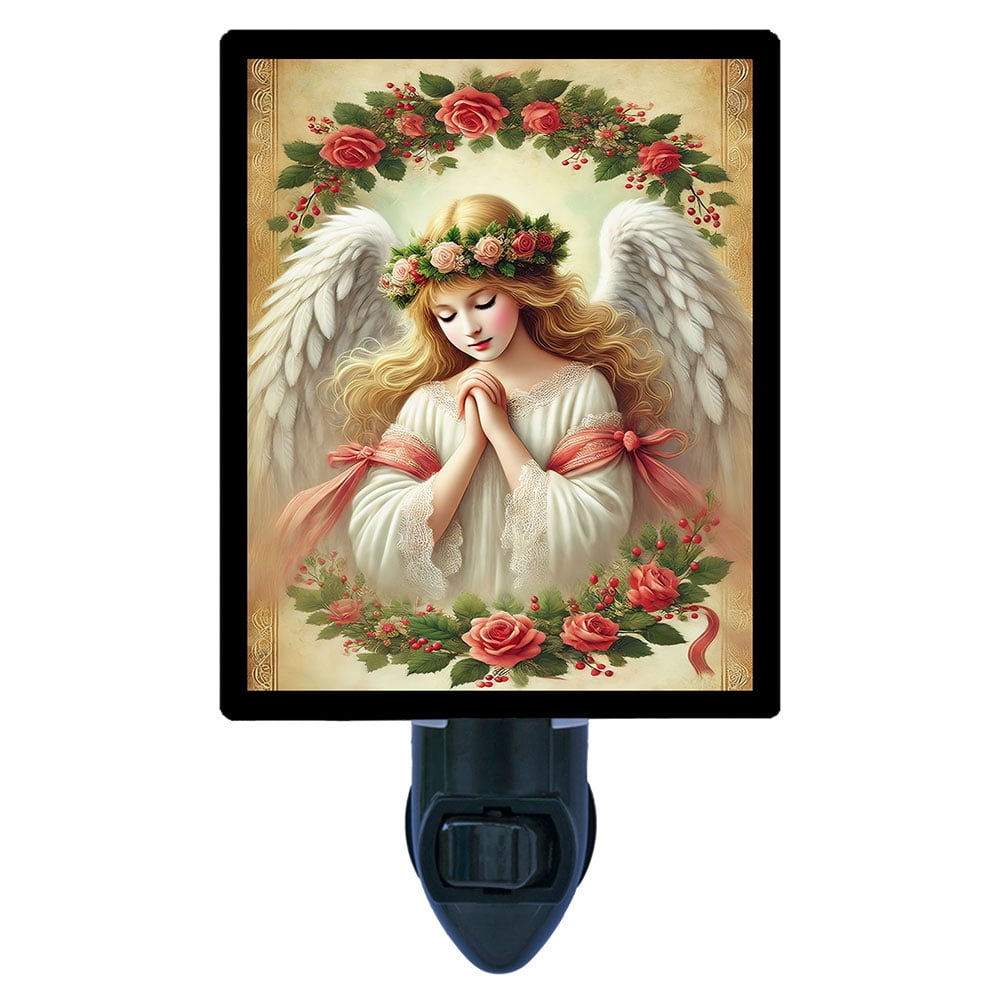 Heavenly Peace Night Light – Praying Angel with Floral Halo, Spiritual Home Décor, Inspirational Art, Free Switchable Insert