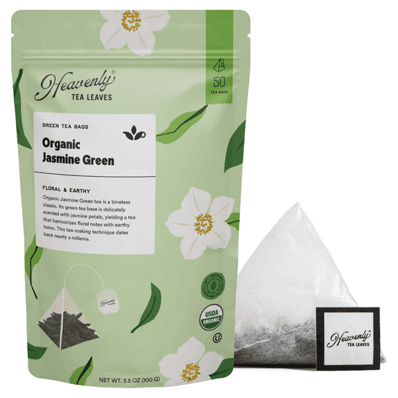 Heavenly Tea Leaves Organic Jasmine Green, Compostable Pyramid Tea Bags (50 Count)