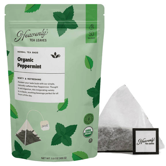 Heavenly Tea Leaves Organic Peppermint, Bulk Compostable Pyramid Tea Bags (50 Count)