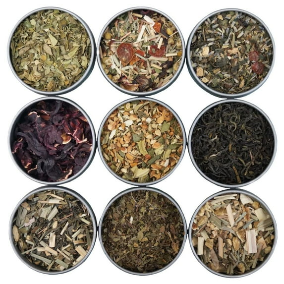 Heavenly Tea Leaves Organic Wellness Tea Sampler (Approx. 90 Cups of Tea), 9 Assorted Loose Leaf Teas & Herbal Tisanes - Great Hot or Iced, High & No Caffeine Teas, Gift Ideas for Her