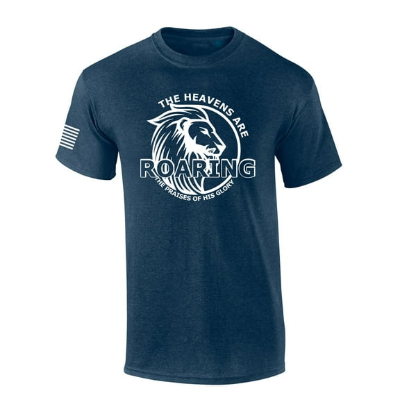 The Heavens Are Roaring The Praises of His Glory Lion Bible Scripture Mens Christian Tshirt Jesus Cross Short Sleeve T-shirt Graphic Tee-Heather Navy-medium