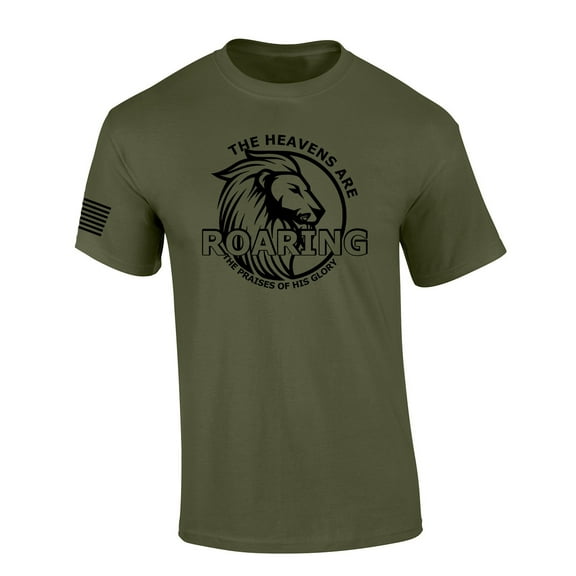 The Heavens Are Roaring The Praises of His Glory Lion Bible Scripture Mens Christian Tshirt Jesus Cross Short Sleeve T-shirt Graphic Tee-Military Green-6xl