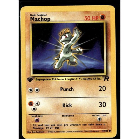 Heavily Played Poor 2000 Team Rocket Machop 1st Edition #59/82 English Pokemon Trading Card