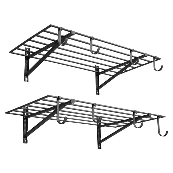 Heavy 2-Tier Wall Mounted Shelving, 2x4 ft Steel Garage Rack with Hooks, 24x48 in Shelf, 520 lbs Capacity, Black