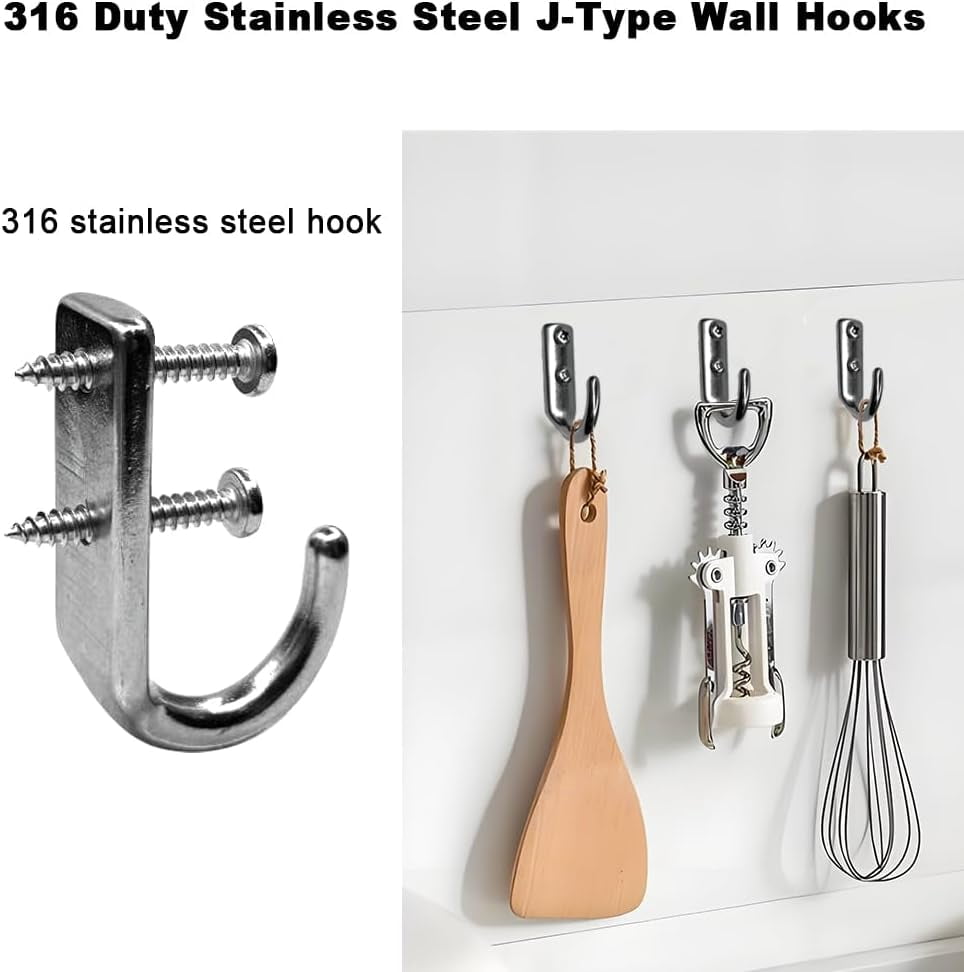 Heavy 316 Duty Stainless Steel J-Type Wall Hooks, Marine Grade Wall Hanger Key Hook for Wall Mounted Clothing Coat Outdoor Kitchen Garage Utility Hanging Wardrobe Storage Screw Utility, 4PCS
