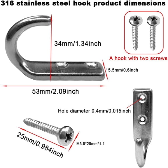 Heavy 316 Duty Stainless Steel J-Type Wall Hooks, Marine Grade Wall Hanger Key Hook for Wall Mounted Clothing Coat Outdoor Kitchen Garage Utility Hanging Wardrobe Storage Screw Utility, 4PCS