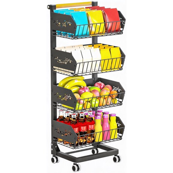 Heavy 4-Tier Rolling Snack Cart with Wheels Removable Baskets Wider Thicker Design Kitchen Fruit Vegetable and Pantry Storage Rack Black