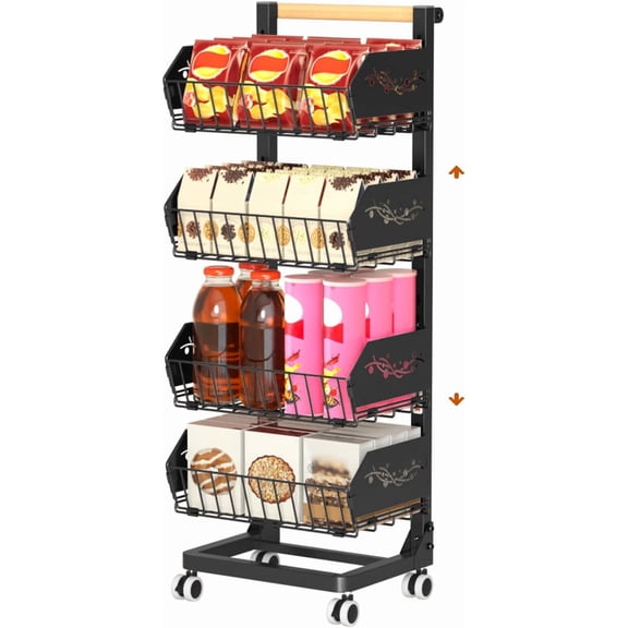 Heavy 4-Tier Snack Cart with Wheels ,Removable Rolling Pantry Floor Organizers ,Upgraded Wider and Thicker, Kitchen Fruit Basket Stand and Storage Rack for Fruit Snack Onion Potato