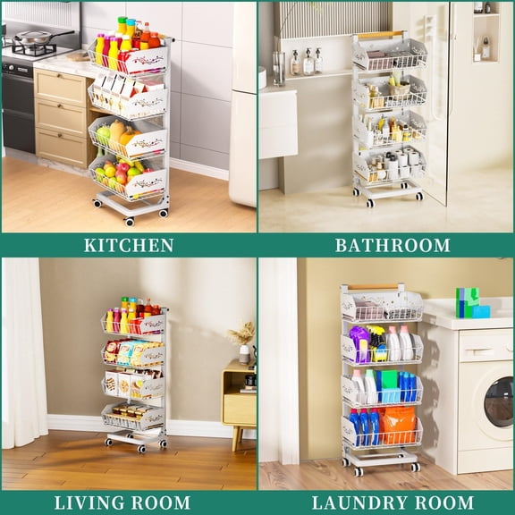 Heavy 4-Tier Snack Cart with Wheels Removable Rolling Pantry Floor Organizers Upgraded Wider and Thicker, Kitchen Fruit Basket Stand and Storage Rack for Fruit Snack Onion Potato