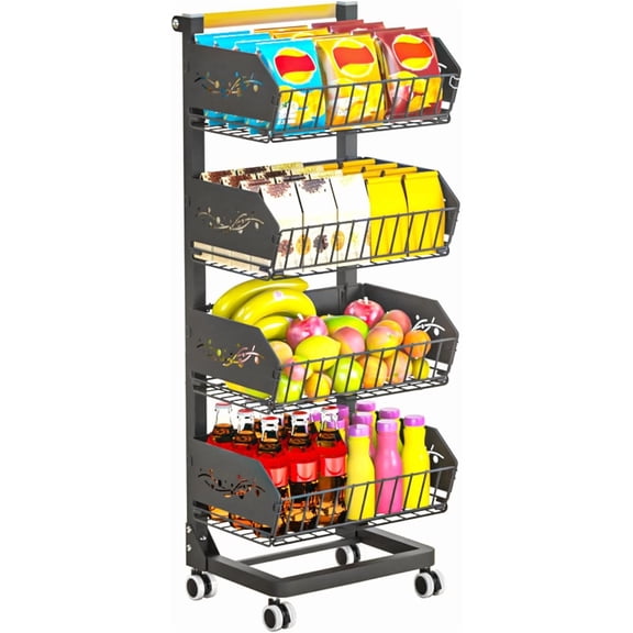 Heavy 4-Tier Snack Cart with Wheels Removable Rolling Pantry Floor Organizers Upgraded Wider and Thicker Kitchen Fruit Basket Stand Storage Rack for Onion Potato