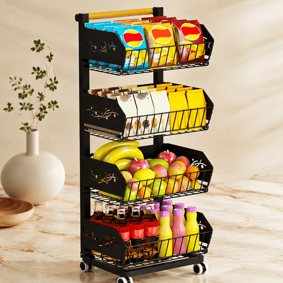 Heavy 4-Tier Snack Cart with Wheels, Removable Rolling Pantry Cart, Black