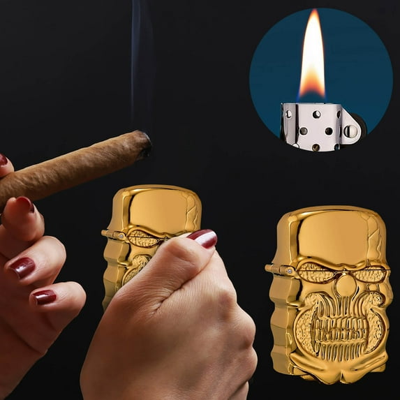 Heavy Armor Skull Lighter Double Sided Relief Metal Alloy Windproof Adjustable Flame for Outdoor Camping Candle Lighting Collectible Gift Idea
