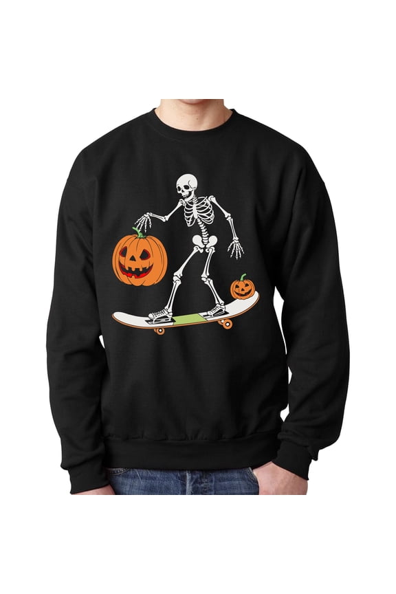 Heavy Blend Halloween Sweatshirt for Men | Fleece Crewneck Skeleton Skateboard with Pumpkin Print Sweater, 8oz 50/50 Cotton/polyester, Black Color, 3XL Size