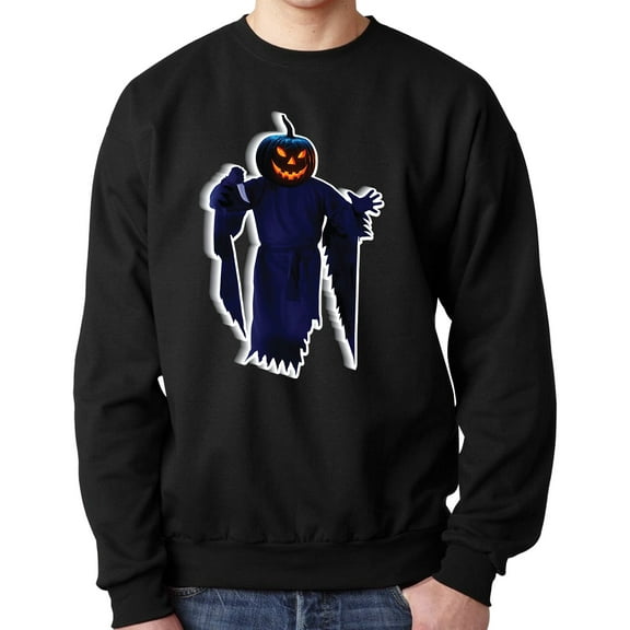 Heavy Blend Halloween Sweatshirt for Men | Crewneck Pumpkin Head Print Fleece Sweater Made with 8oz 50/50 Cotton/polyester, Black Color, S Size
