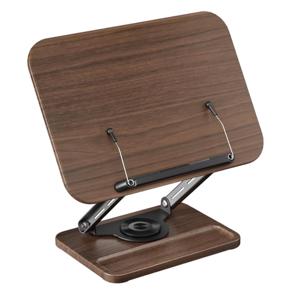 Heavy Book Stand with Expandable Page Holders Adjustable 360 Rotating Base Ergonomic Black Walnuts Wood Storage Tray