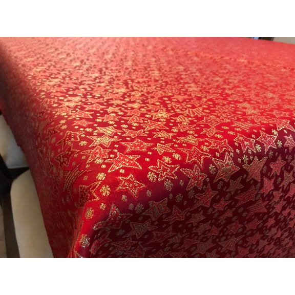 Heavy Brocade Shiny Christmas Tablecloth Stars Red