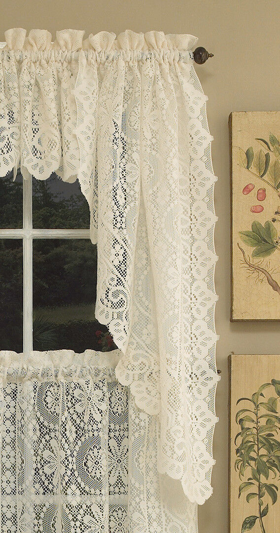 Heavy Cream Lace Kitchen Curtain Choice of Tier Valance or Swag
