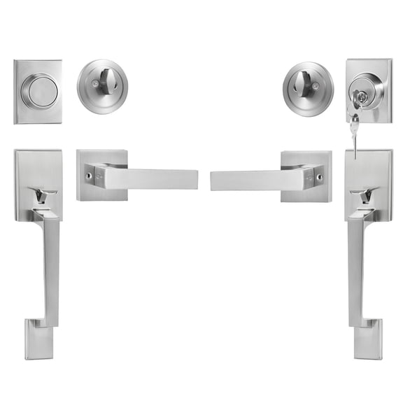 Heavy Double Door Lock & Handle Set with Dummy, Satin Nickel Square Reversible Lever for Front/Office Door
