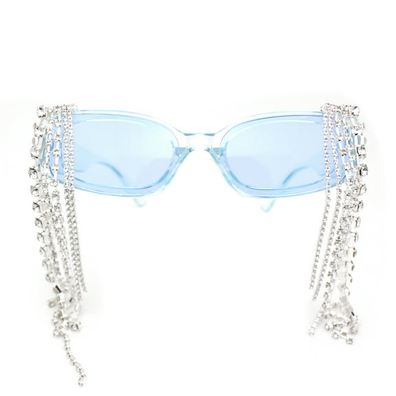 Heavy Dripping Rhinestone Tassel Bling Luxury Rectangle Sunglasses Blue