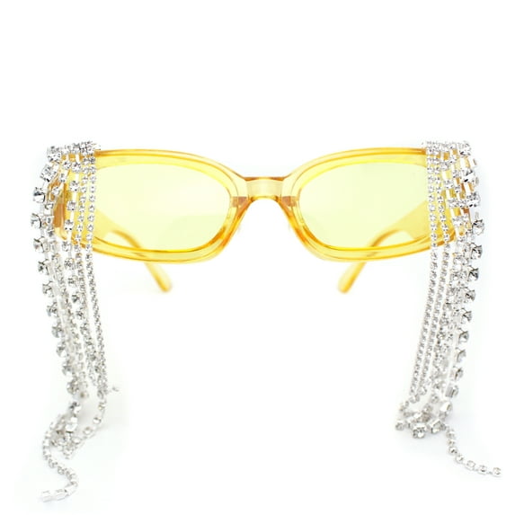 Heavy Dripping Rhinestone Tassel Bling Luxury Rectangle Sunglasses Yellow