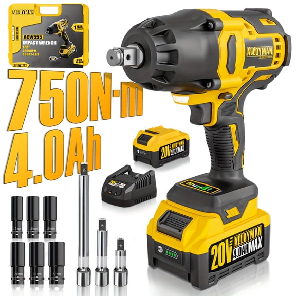 Heavy-Duty 1/2" Cordless Impact Wrench, 750Nm(555Ft-lbs) Brushless, Fast Charge, 6 Sockets+3 Bars for Auto/Mechanical/Construction, Gift for Mechanics