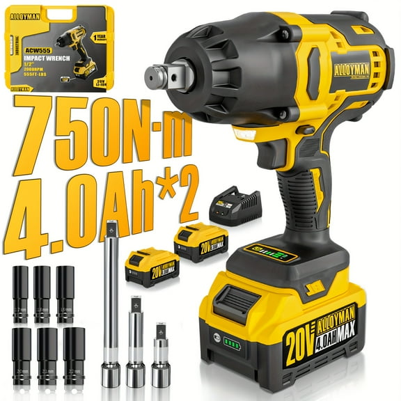 Heavy-Duty 1/2" Cordless Impact Wrench, 750Nm(555Ft-lbs) Brushless, Fast Charge, 6 Sockets+3 Bars for Auto/Mechanical/Construction, Gift for Mechanics