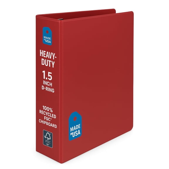 Heavy Duty 1.5 Inch Red 3 Ring Binder, Over 1 LB, D Ring Design, Made in USA, FSC Certified 100% Recycled Chipboard, Eco-Friendly Durable School Office Binder 16453