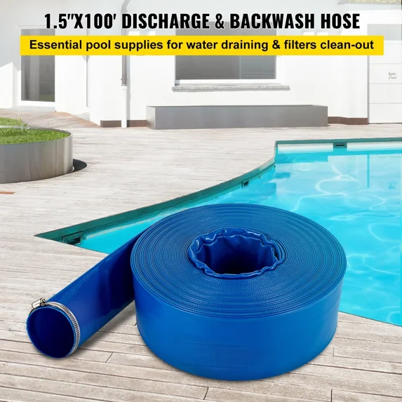 Heavy Duty 1.5"x100' PVC Lay Flat Discharge Hose with Clamps,Weatherproof and Burst-proof,Perfect for Swimming Pool Backwash and Water Transfer,Blue