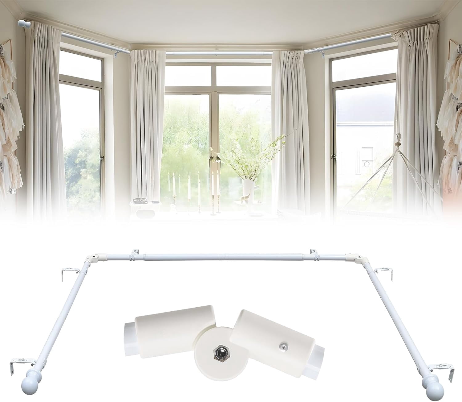 Heavy Duty 1 Inch Metal U-Shaped Bay Window Curtain Rod Adjustable 59 to 184 Inches with Decorative Ends in Black