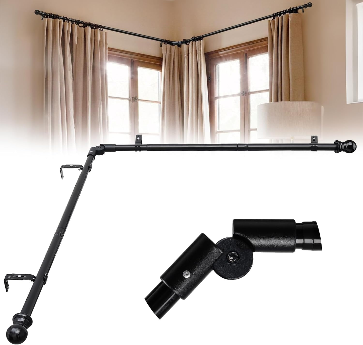 Heavy Duty 1 Inch Metal U-Shaped Bay Window Curtain Rod Adjustable 59 to 184 Inches with Decorative Ends in Black