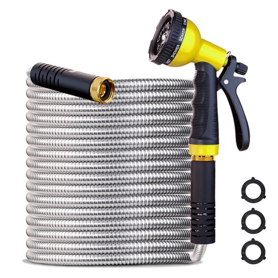 Heavy Duty 10-Function Hose Nozzle Brass Fittings with Metal Garden Hose 75ft,304 Stainless Steel Garden Hose,Water Hose for Lawn,Garden,Car Wash