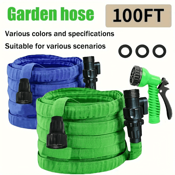 Heavy-Duty 100ft Expandable Garden Hose with Leak-Proof Copper Connectors, Flexible Lightweight Hose for Lawn Car Washing & Gardening, Kink-Resistant 3/4" Green/Black Hose with US Standard Thread