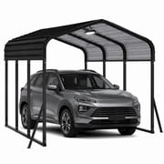 Heavy-Duty 10x15 ft Metal Carport Kit, Galvanized Steel Roof & Reinforced Base - Extra-Tall All-Weather Outdoor Vehicle Shelter Canopy for Car/Truck/Boat - Dark Gray, Remote Control Solar Light