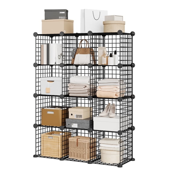 Heavy-Duty 12-Cube Wire Cube Storage Organizer - Modular Metal Shelving Cabinet for Entryway, Bedroom, Office, Living Room, DIY Black Cube Shelves, Holds 22 lbs per Cube