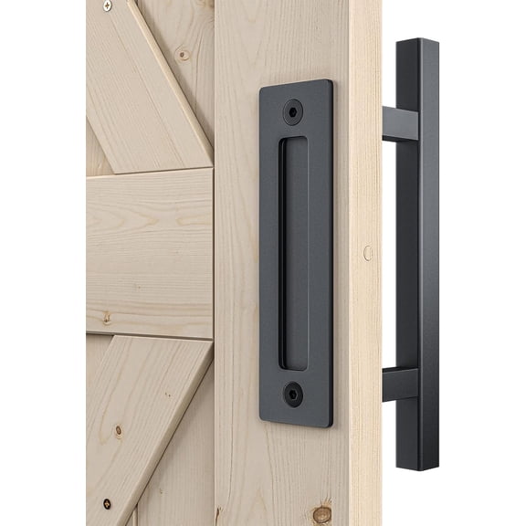 Heavy Duty 12" Pull and Flush Barn Door Handle Set, Large Rustic Two-Side Design, for Gates Garages Sheds Furniture, Solid Steel, Square, Black