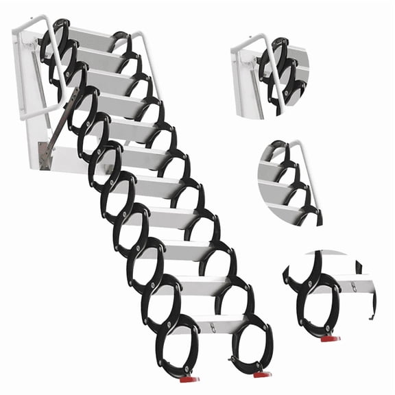Heavy-Duty 12-Step 10FT Retractable Wall Mounted Ladder with Telescopic Handrails for Attic Garage Warehouse