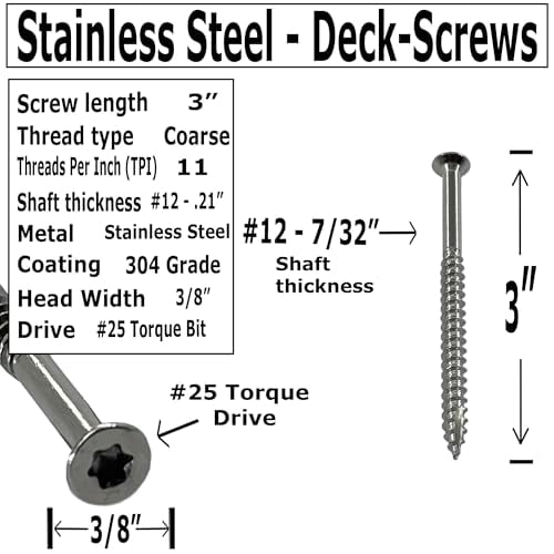 Heavy Duty 12 x 3 Inch 304 Grade Stainless Steel 3” Deck Wood Screws Rust Proof