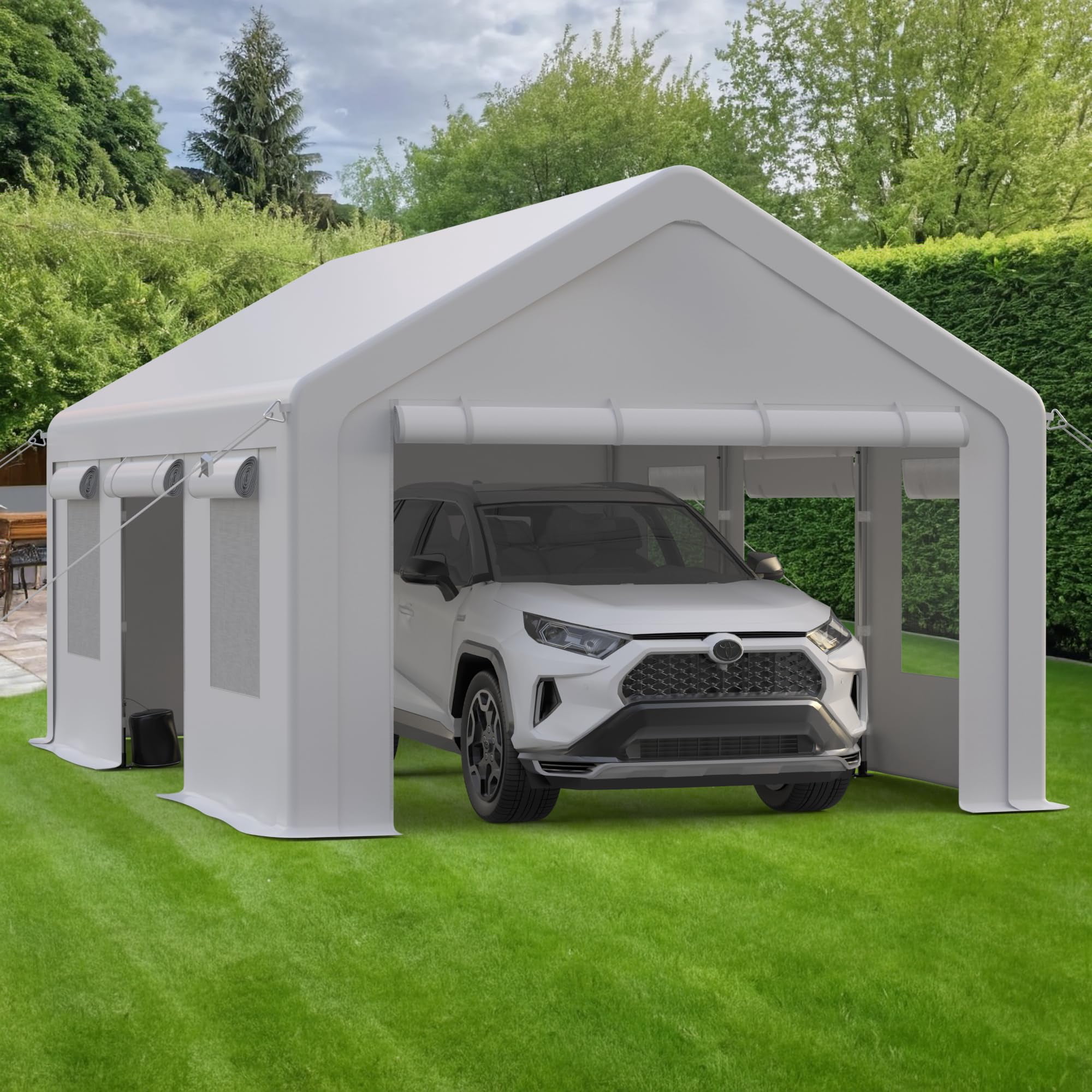 Heavy Duty 12x20 FT Carport Canopy, Portable Outdoor Garage with 4 Roll-Up Doors, 4 Windows, Reinforced Steel Poles, Waterproof UV-Resistant Removable Sidewalls –Storage Shelter for Car, Truck, Boat