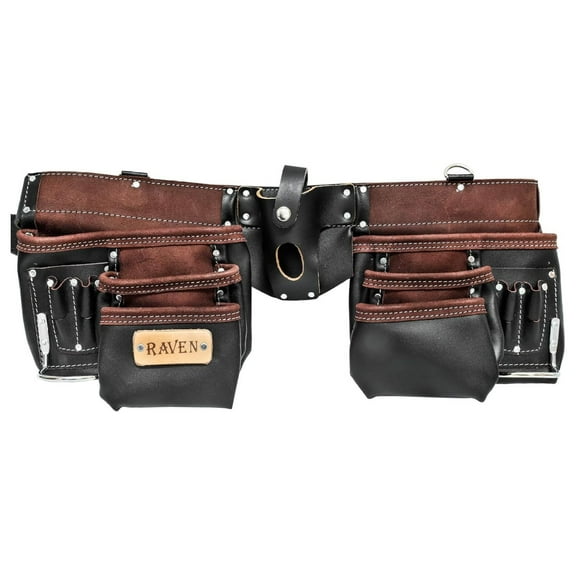 Heavy Duty 13 Pocket Leather Tool Belt with 2 Steel Hammer Loops, Black Brown